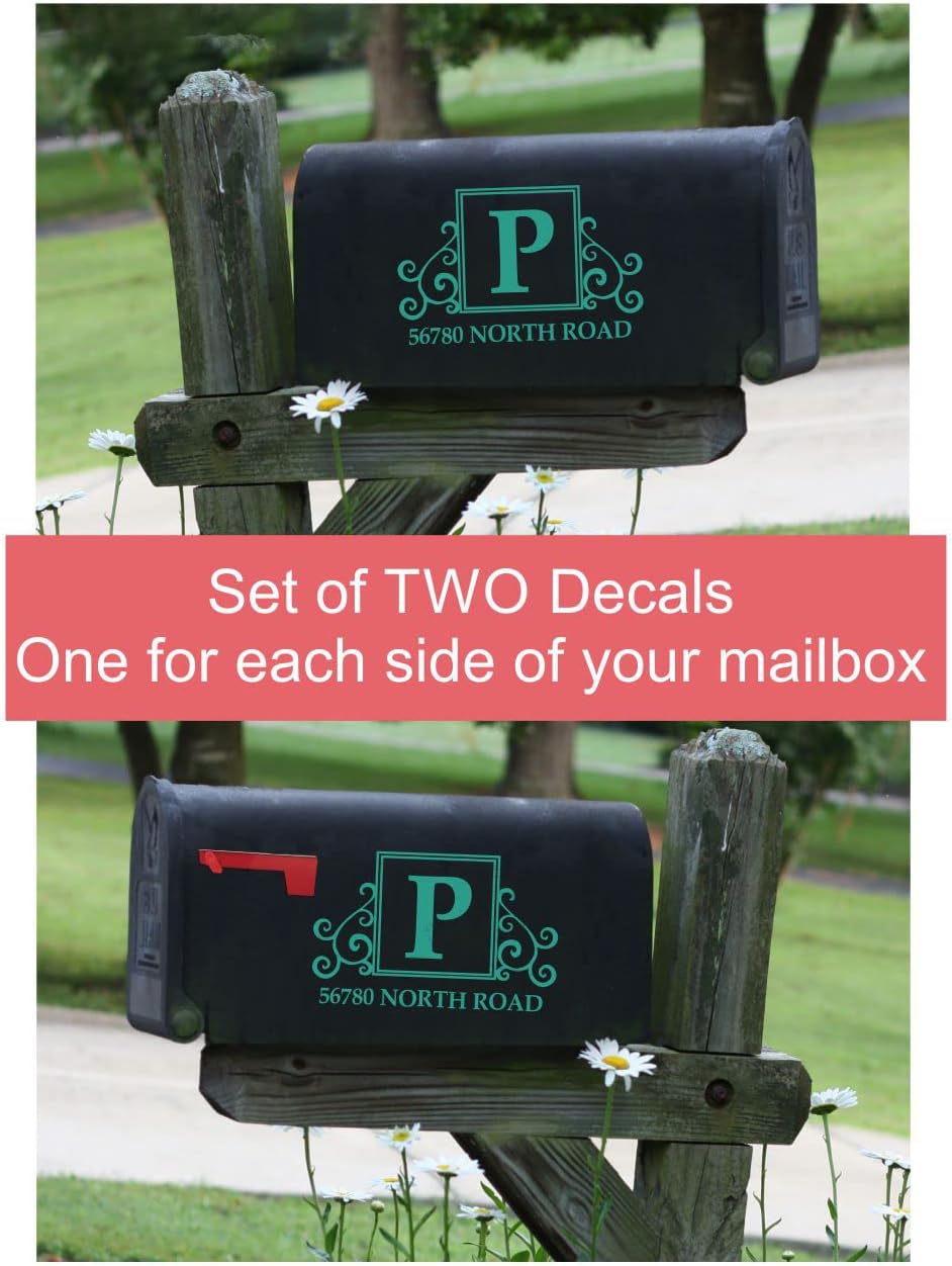 Monogram Vinyl Decals Mailbox Stickers Custom Initial Address Art, Set of 2 for Basic Mailbox