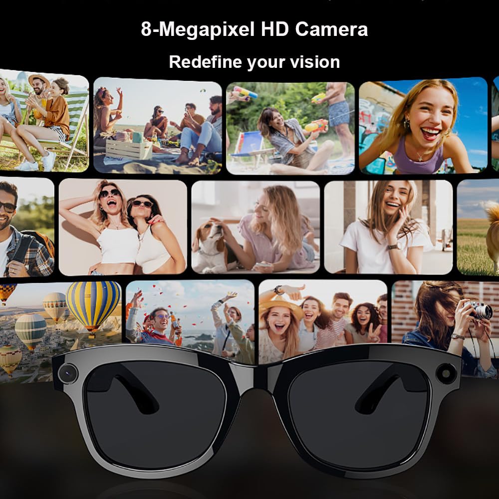 Occhiali Intelligenti con Intelligenza Artificiale E Fotocamera, Pixel da 800W, Foto E Video, Dialogo Ai, Riconoscimento Oggetti, Controllo Touch, Oltre 100 Traduzioni, per Viaggi E Guida B