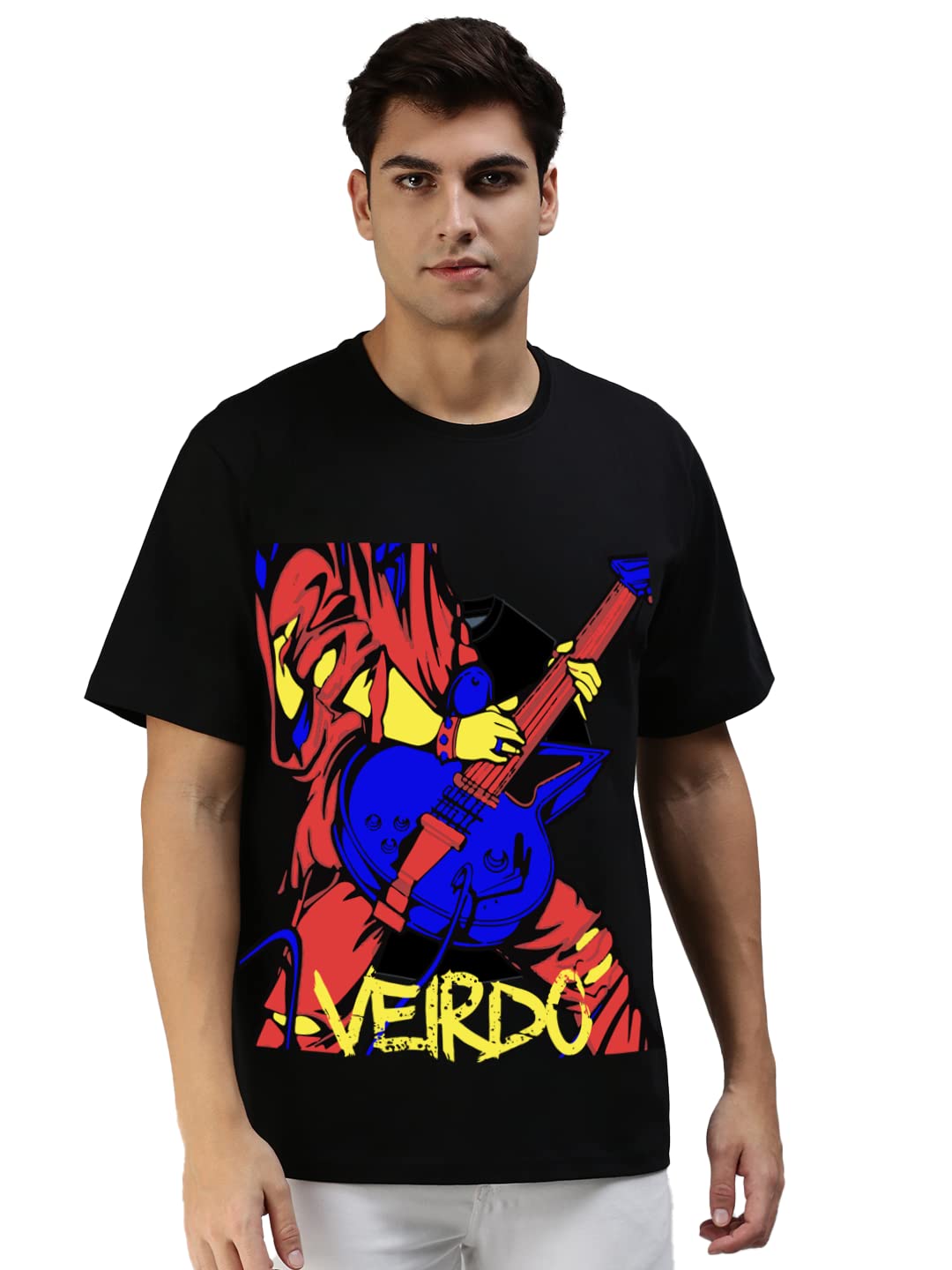 VeirdoOversized Loose Baggy Fit Drop Shooulder Half Sleeves Pure Cotton Guitar Graphic Printed T-Shirt for Men & Boys Black