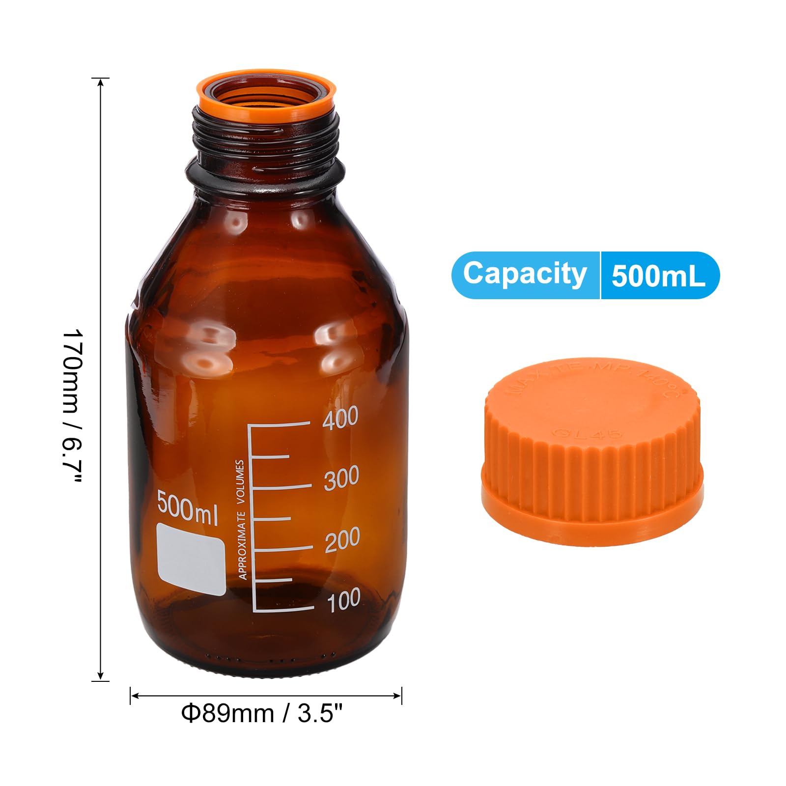 PATIKIL Bottiglie di Conservazione Media rotondo, 500ml Bottiglie rotondo in Vetro Spesso Graduato con Tappo Arancione GL45 per Liquidi di Reagenti d'Acqua da Laboratorio, Marrone
