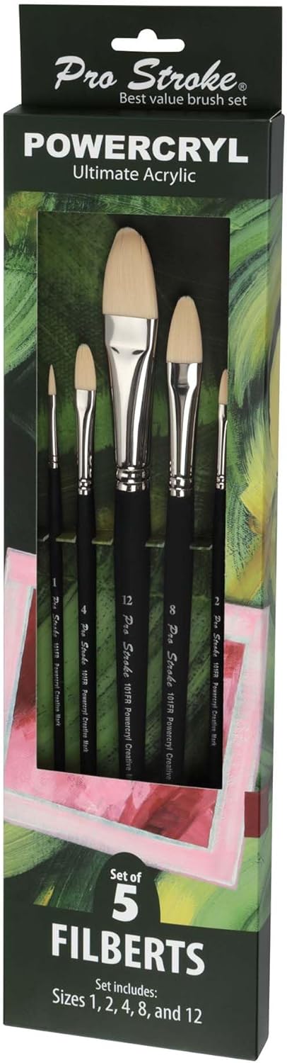 Creative Mark Pro-Stroke Powercryl Acrylic Paint Brushes - Filberts Value Set of 5, Synthetic Paint Brushes for Artists, Seamless Nickel-Plated Ferrules, Matte Black Wooden Handle, Soft-Touch Grip