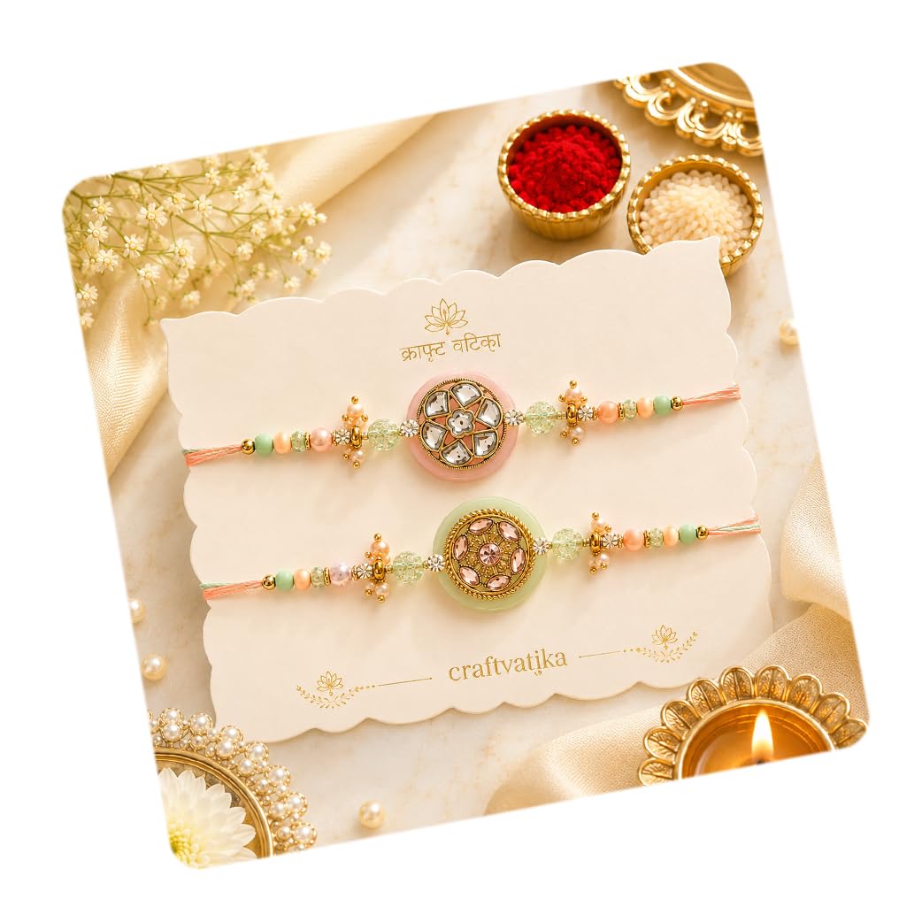 craftvatika Designer Rakhi Set of 2 for Brother Boy Men, Rakshabandhan Rakhi for Brother Bhaiya Bhai, Premium Traditional Stone Rakhis with Best Wishes Card and Tillak Set Premuim Thread Raki for Him-picture-34