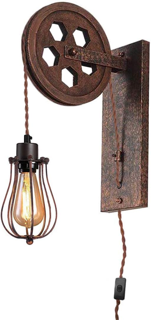Kiven Plug-in Pulley Industrial Cage Wall Sconce Vintage Wall Light Fixture Industrial Retro Rustic Loft Antique Wall Lamp Edison Vintage Wall Sconce(Including One Edison Bulb)