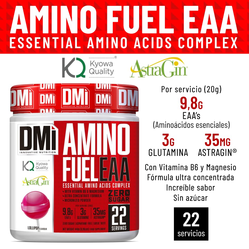 DMI INNOVATIVE NUTRITION Amino Fuel EAA 440 g Sabor Piruleta – Complejo de Aminoácidos Esenciales con Glutamina Kyowa Quality®, Magnesio y Vitamina B6 – Recuperación y Masa Muscular – sin Azúcar