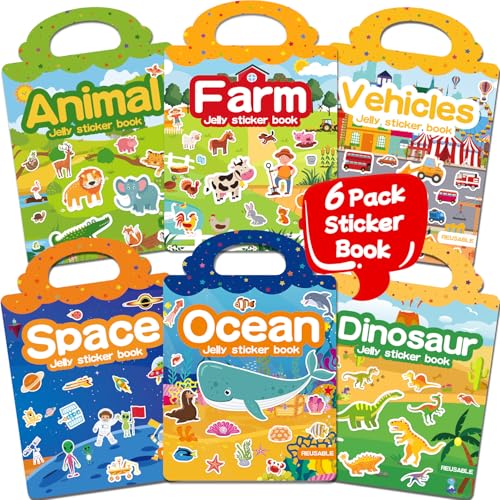 CREATIVETREES 6 Sets Reusable Sticker Book for Toddlers 3-6 Jelly Stickers Book for Kids Travel Sticker Activity Toys for Childs 3 4 5 6 Years Girls & Boys Best Gifts
