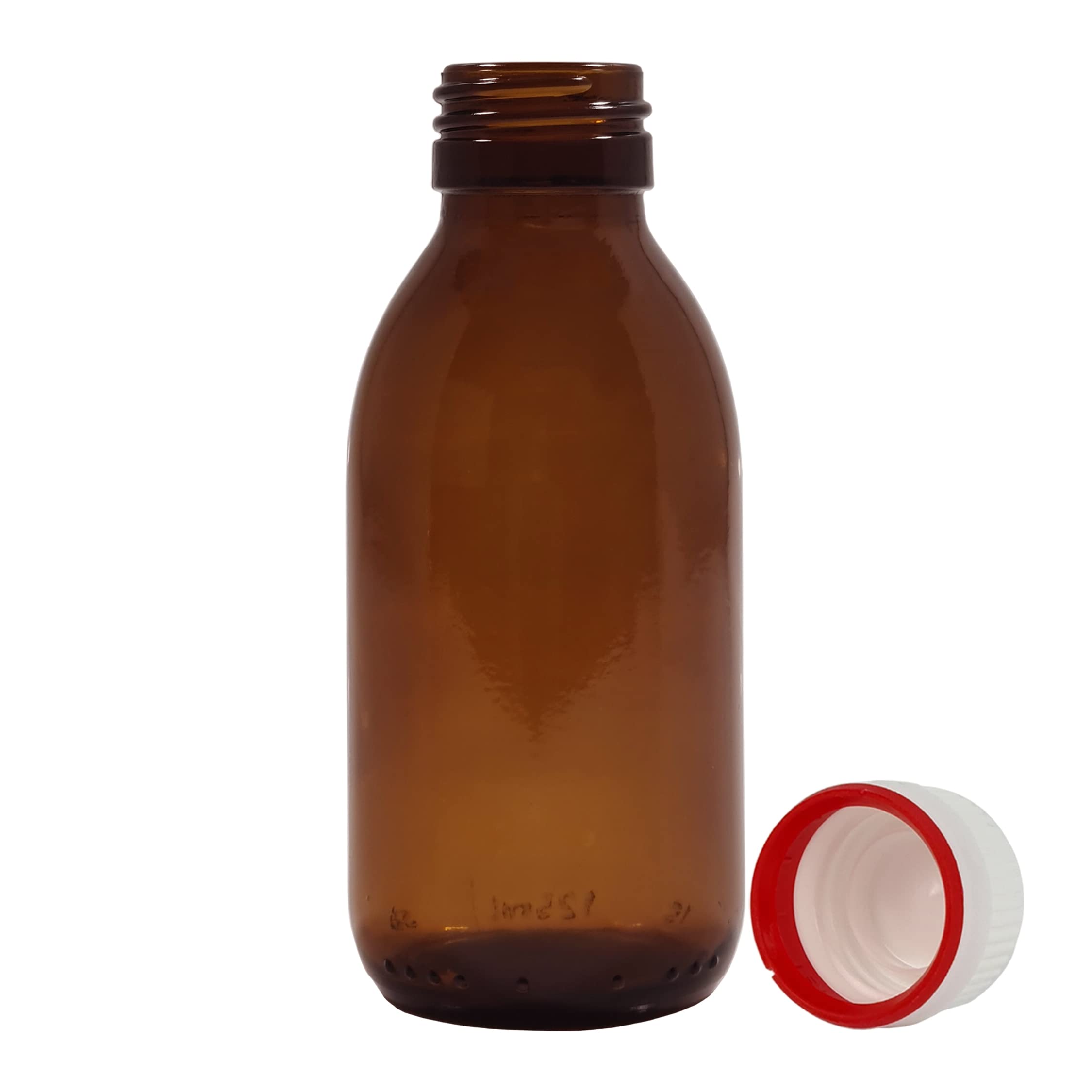 Botella de vidrio ámbar 125 ml con tapón a rosca y precinto - 6 unidades