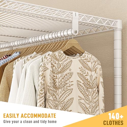 REIBII Clothes Rack, Clothes Rail, 200 CM Tall Heavy Duty Clothes Rail for Bedroom, Portable Clothing Rail on Wheels with Adjustable Shelves, Open Wardrobe for Bedroom, White - Image 4