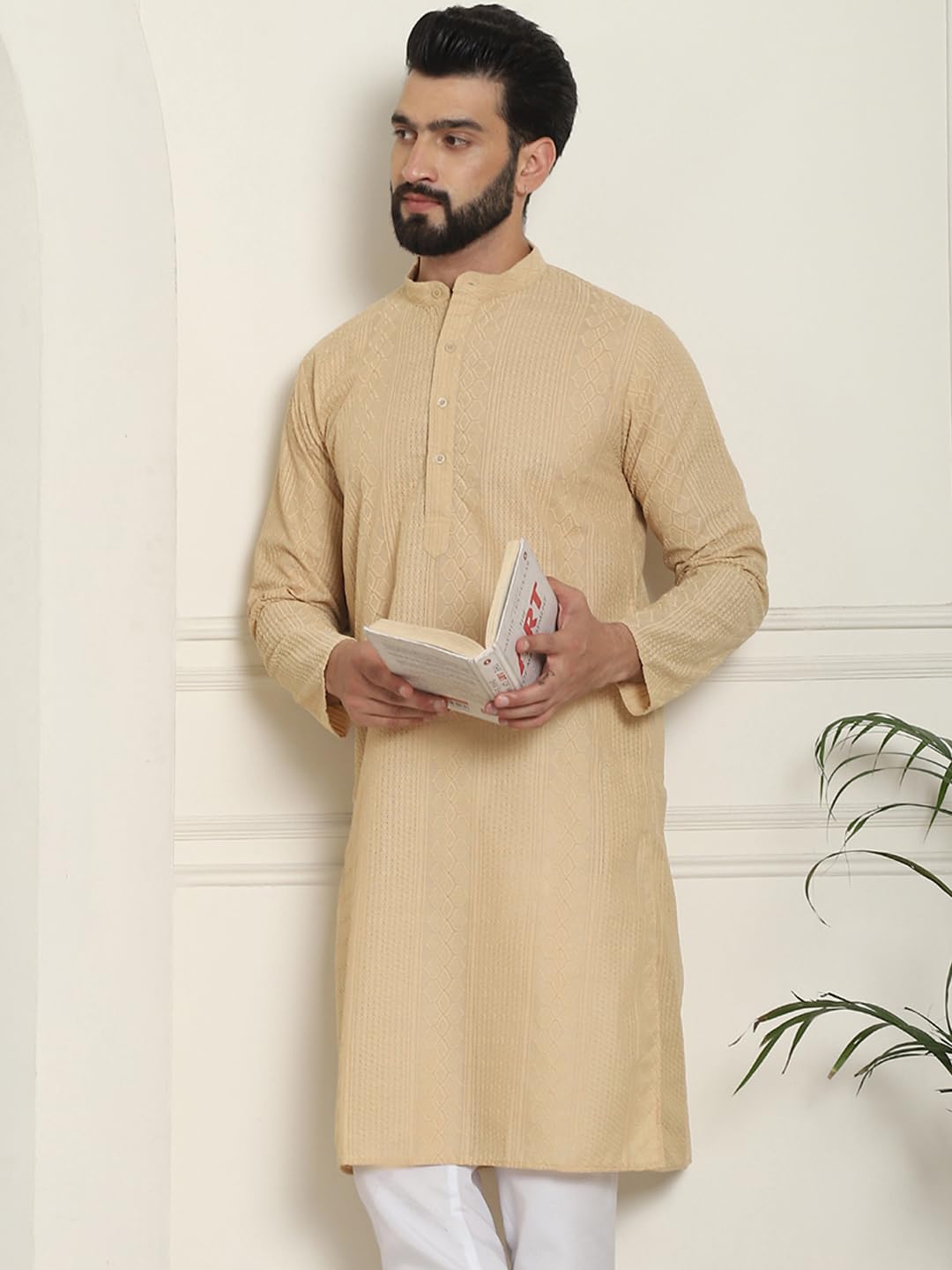 Sojanya (Since 1958 Men's Cotton Thread Embroidered Beige Long Kurta