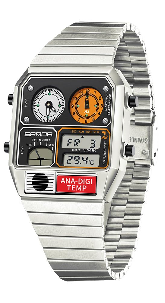 MASTOP Orologio analogico digitale quadrato retrò con display della temperatura, 3 fusi orari, retroilluminazione, impermeabile fino a 50 m, sveglia e cronometro settimana/data, Argento e bianco