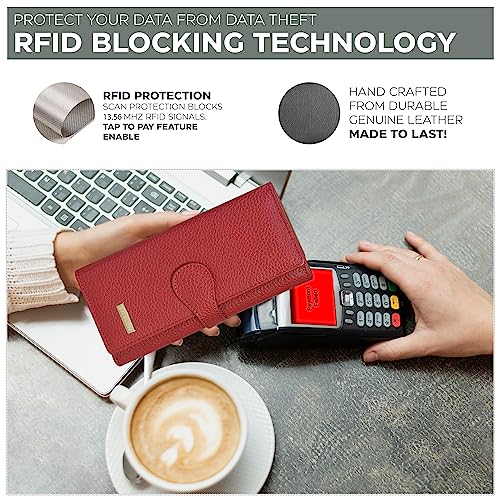 Estalon Leather Wallets For Women - Rfid Blocking Checkbook Wallet With 11 Card Slots (Crimson, 7.6X4X0.8) #TOP1