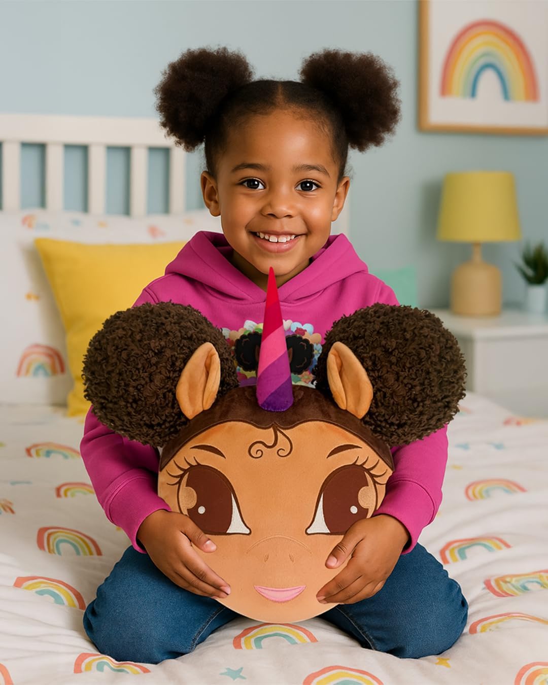 Jumbo Unicorn Pillow with Afro Puffs - Light Brown with Brown Hair - 20 inch