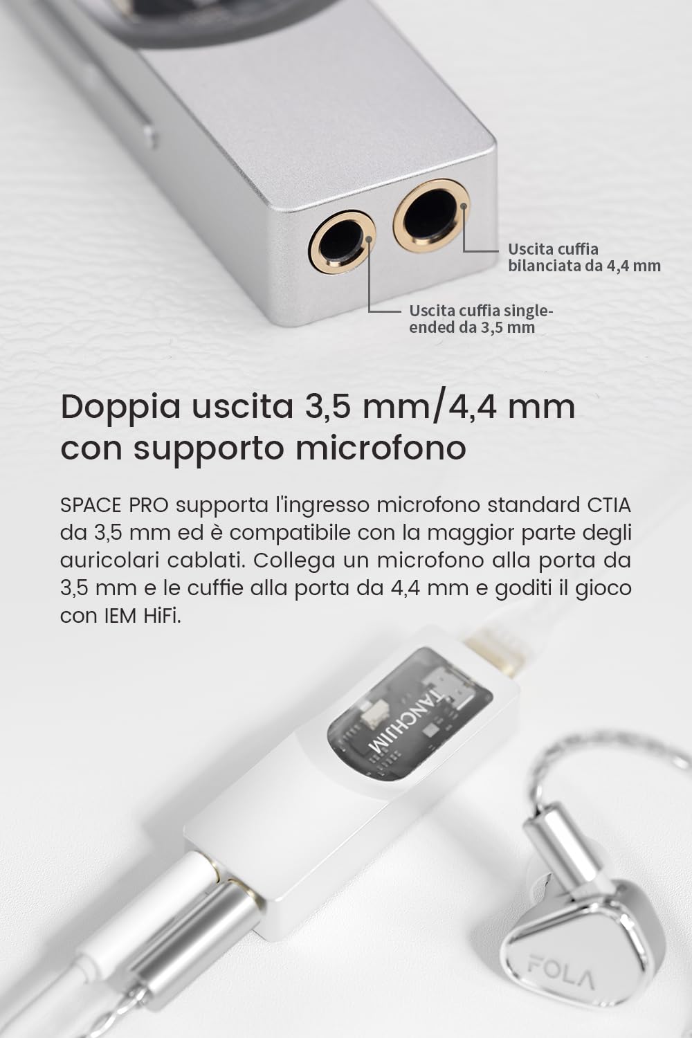 TANCHJIM SPACE PRO Amplificatore Cuffie, Doppio DAC CS43198, Amplificazione Indipendente, 618mW, Uscita 3.5/4.4mm, PCM768kHz DSD256, Gioco/Audio, Supporto Mic e Virtuale 5.1/7.1