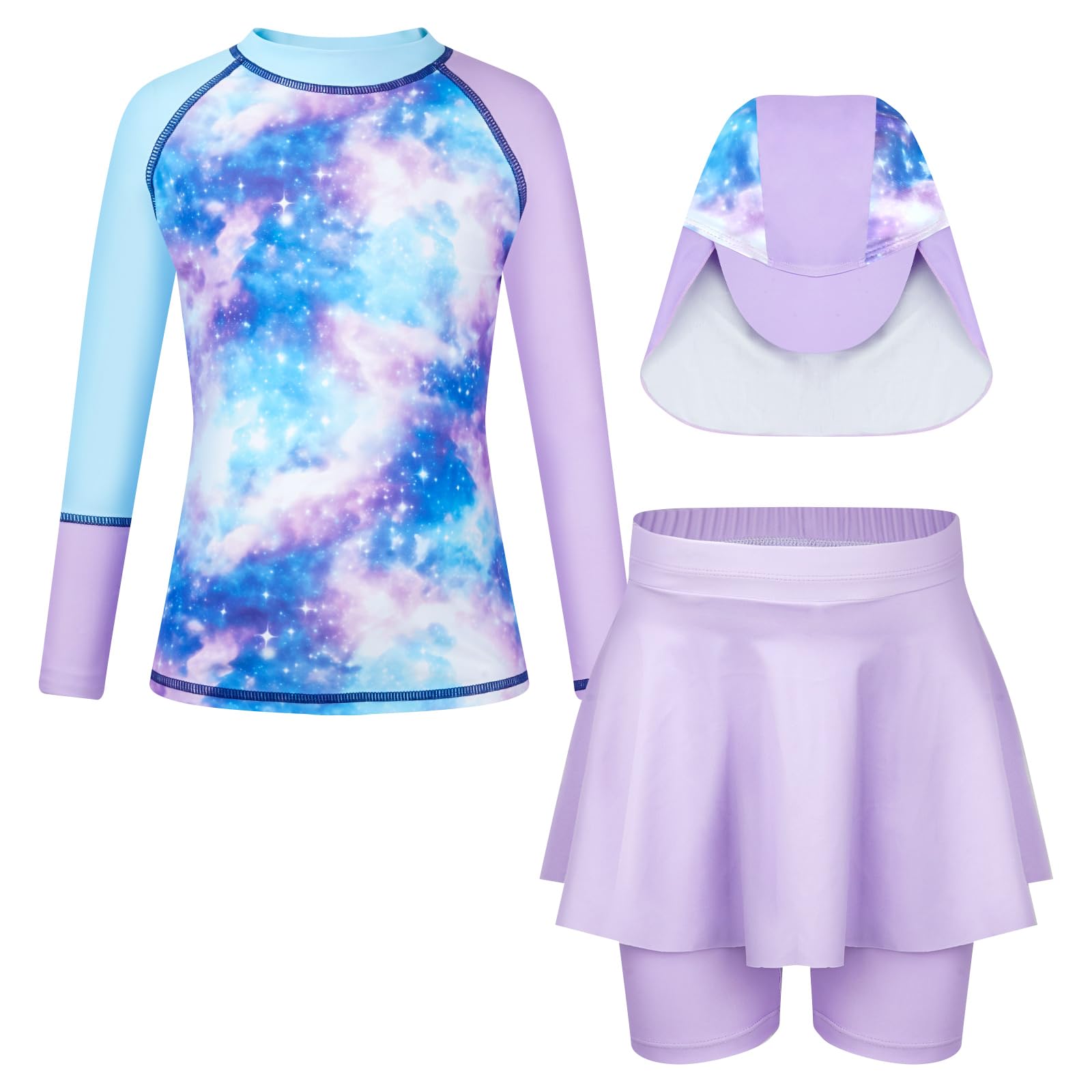 Traje de baño de 3 piezas de manga larga para niñas, protección UV, camiseta con pantalones cortos y gorro de natación, conjunto de 4-9 años