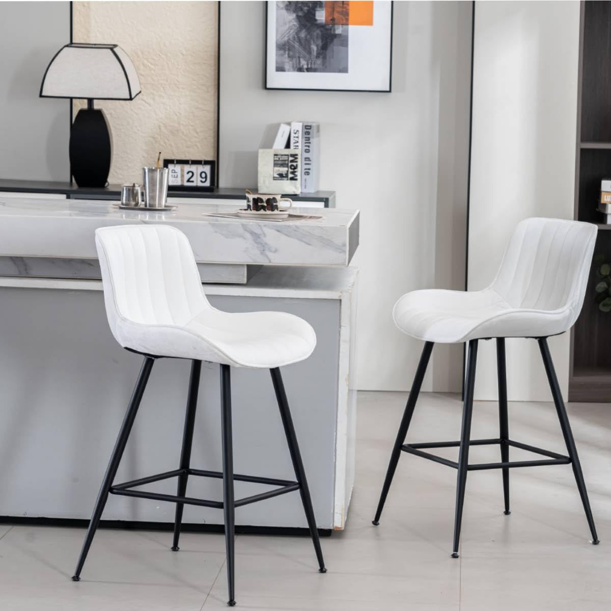 Whiterye 24’’ Bar Stools Set of 2 Modern Barstools White Bar Stools with Fabric Upholstery Counter Height Bar Stools with Low Back Stools for Kitchen Counter, Bar, Pub, Cafe (White).