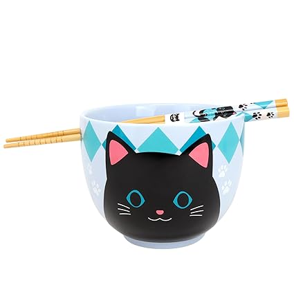 Needzo Japanese Ramen Bowl and Reusable Chopstick Set, Cat Lover Gifts for Girls, 18 Ounce Container