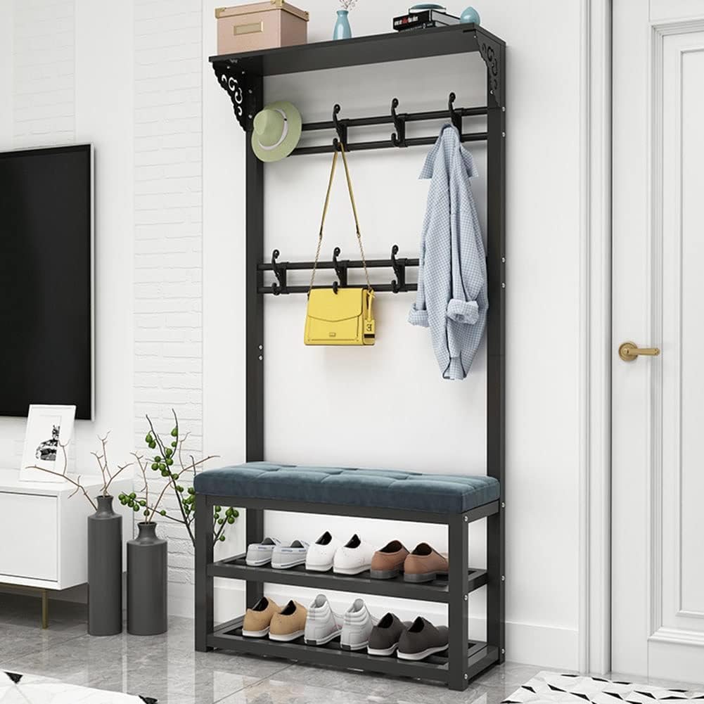 MSHGSKU Entryway Hall Tree Shoe Rack with Storage Shelves & Hooks Mudroom nizer with Seat Cushion for Home Entrance Hallway Metal Coat Rack (Color: B Size: 60x30x172cm)