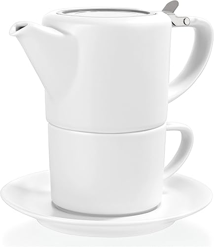 Tealyra - Té T41 para un juego - Tetera pequeña de porcelana blanca de 15 onzas líquidas - Taza de 8.5 onzas líquidas y platillo - Tapa de acero