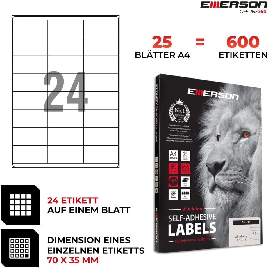 Emerson 70 x 35 mm, 24 Pieces/Sheet, 25 Sheets, A4 Universal self-Adhesive Labels, self-Adhesive Stickers for Labelling, Labels for Labelling, Stickers for Label Printing