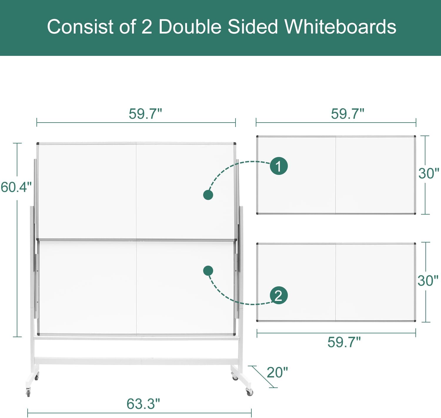 XIWODE Height Adjustable Double-Sided Magnetic Dry Erase Board, 60x60 Inches Dual Panels Rolling Whiteboard on Wheels, 60-75 Inches (153.5-190cm) Adjustable Height for School Office Home