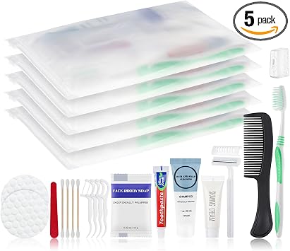 Travel Size Toiletries Kits Disposable Toiletry Set in Bulk, Portable Trial Size Personal Hygiene Care Package Supplies Amenities Essentials for Camping/ Hotel/Guest/Homeless/Charity 9-in-1 5 Pack