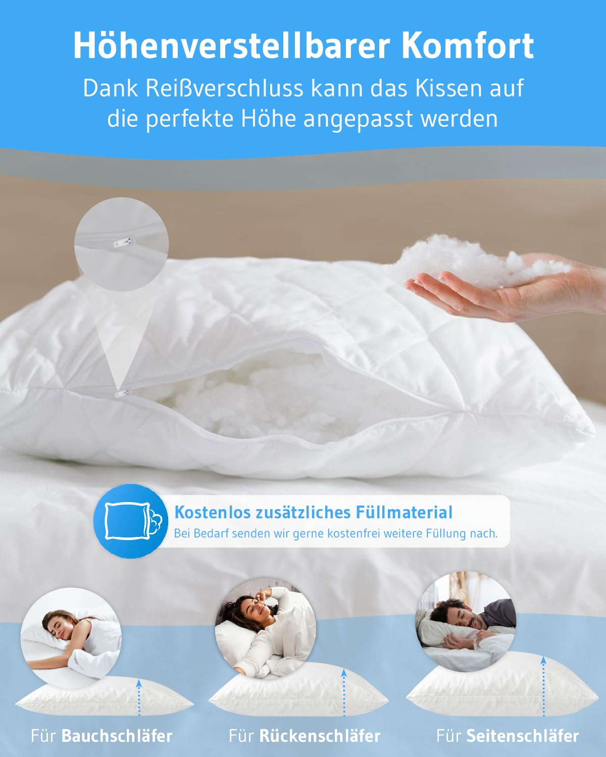 Kopfkissen 40x60 VERDA 2er Set, ergonomisches Bett-Kissen höhenverstellbar | Pillow 40 x 60 cm aus recyceltem Material, Höhenverstellbares Schlafkissen für Rückenschläfer, Seitenschläfer, Allergiker