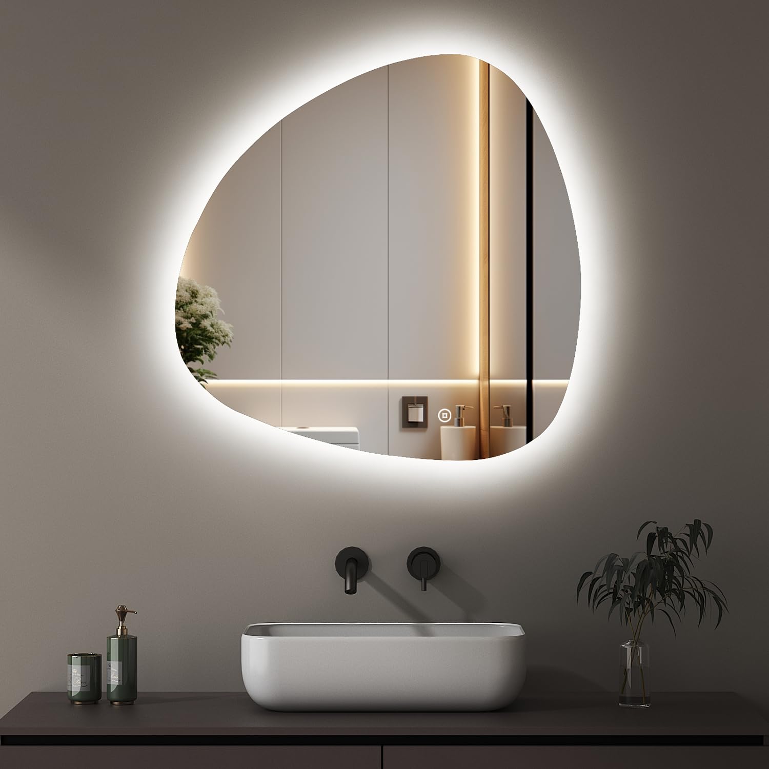 Boromal Asymmetrischer Badspiegel mit Beleuchtung 80x80cm LED Asymmetrischer Spiegel mit Beleuchtung Spiegel mit Licht Badezimmer Wandspiegel mit Touch-Schalter, 3 Lichtfarbe Dimmbar