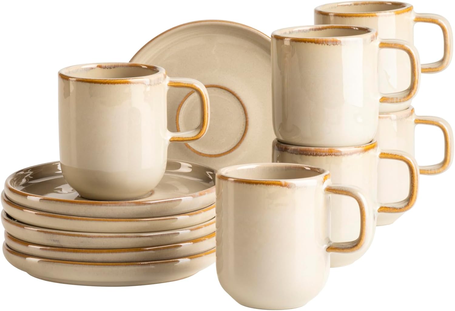MÄSER Cordelia Series Espresso Cups Set for 6 People Made of High-Quality Stoneware, 12-Piece Coffee Service Consisting of 6 Espresso Cups and 6 Espresso Saucers, Stoneware, Sand