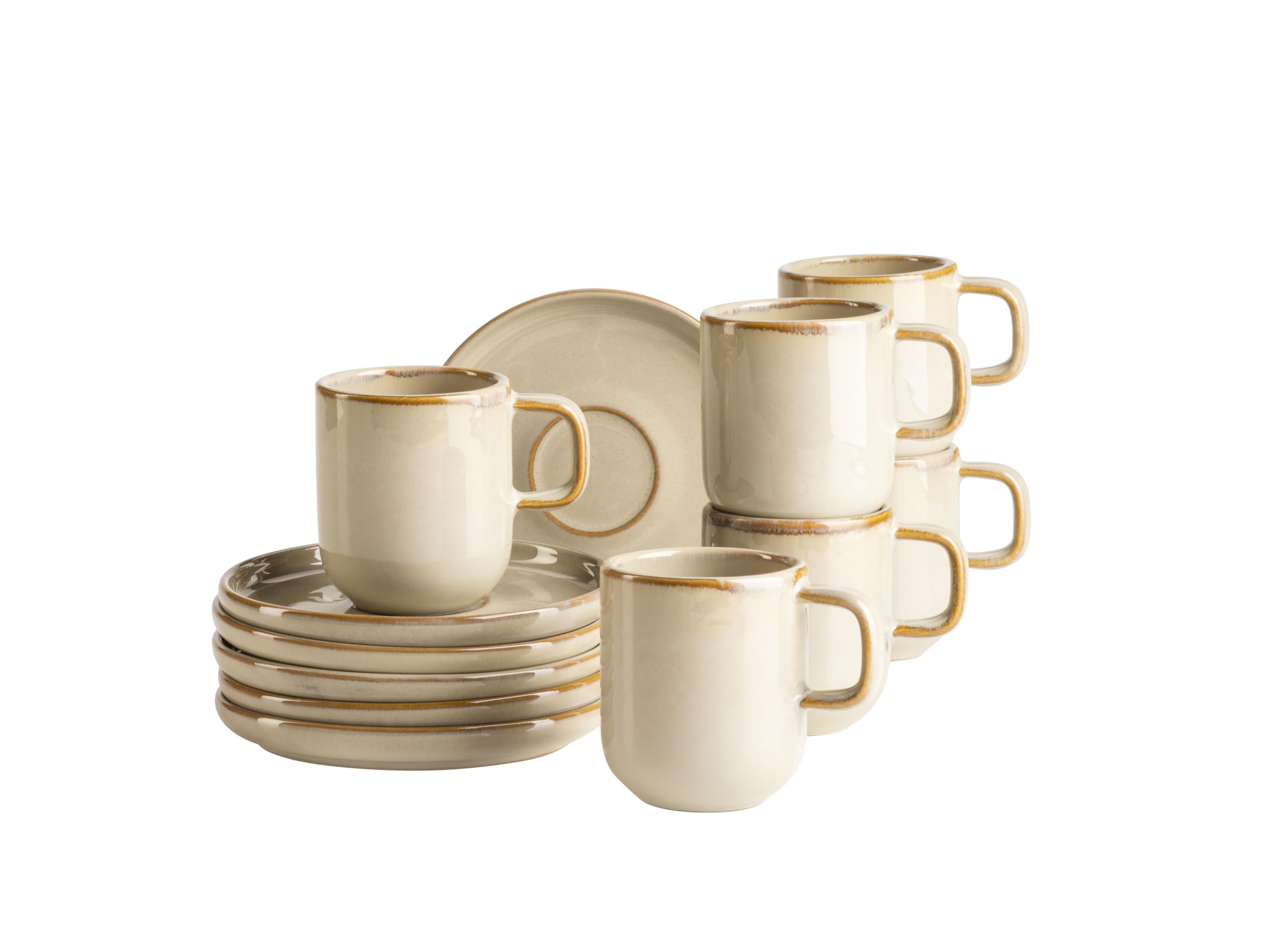MÄSER Série Cordelia Lot de 6 tasses à expresso pour 6 personnes en grès de qualité supérieure comprenant 6 tasses à expresso et 6 soucoupes à expresso en grès, sable