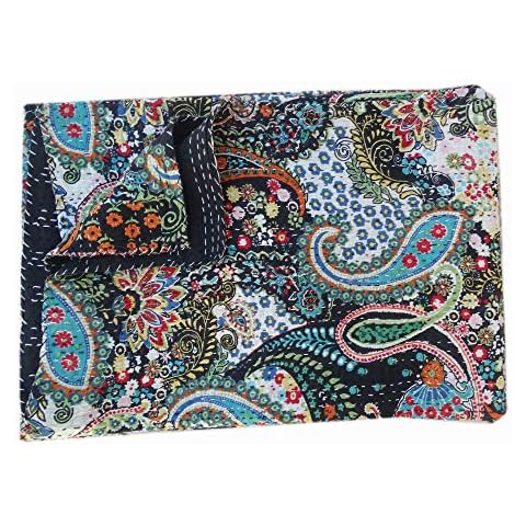 Indian Handmade Single Twin Size Paisley 100% Cotton Kantha Embroidered Bedspread Throw Quilt Coverlet Blanket 60"x90" 150x225cm (Black) Cover