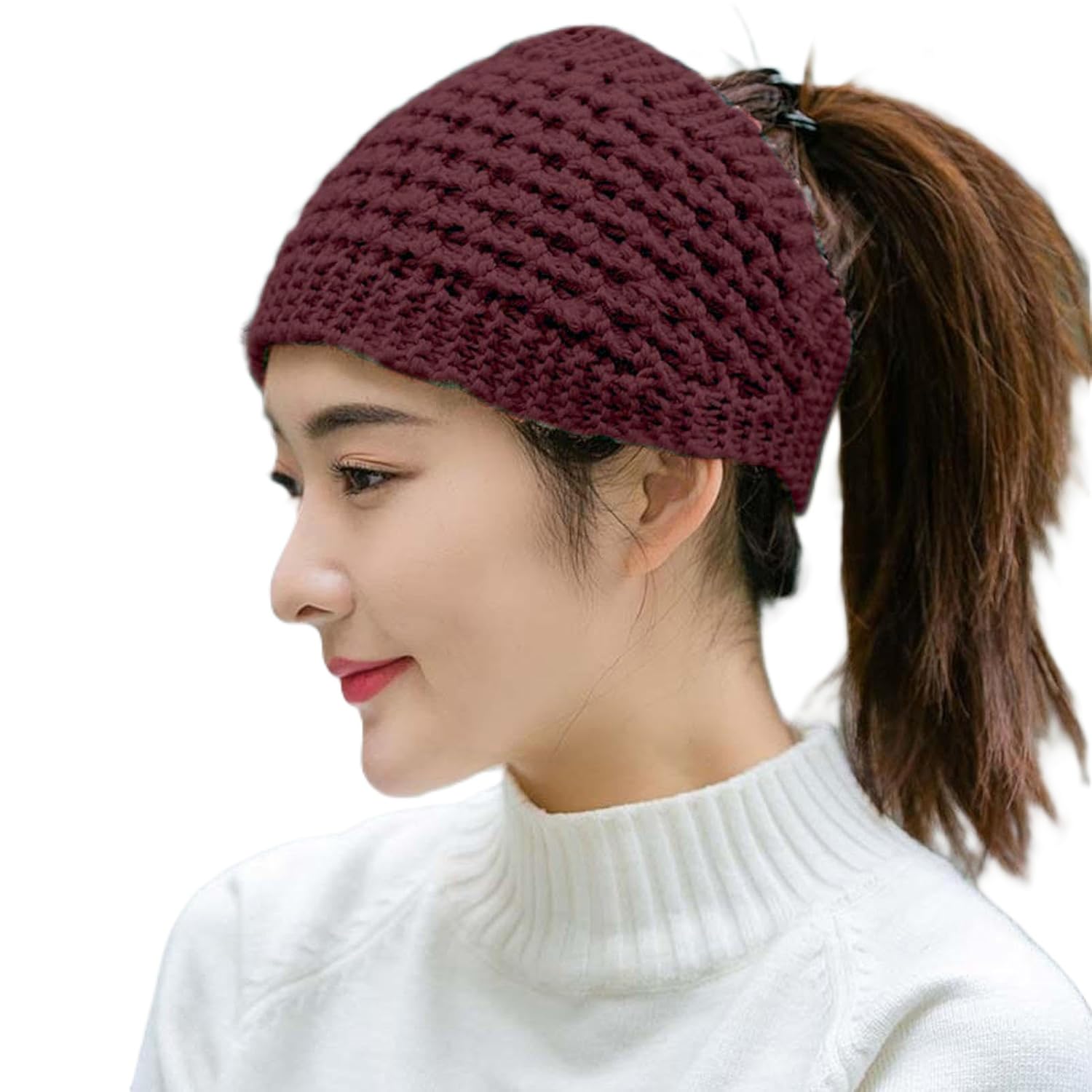 Wine Red Self Design Winter Head Warmer Headbands for Women Wool, Ear Warmers Headband Knitted Thick Cold Weather Warm Ear Muffs Winter Protector