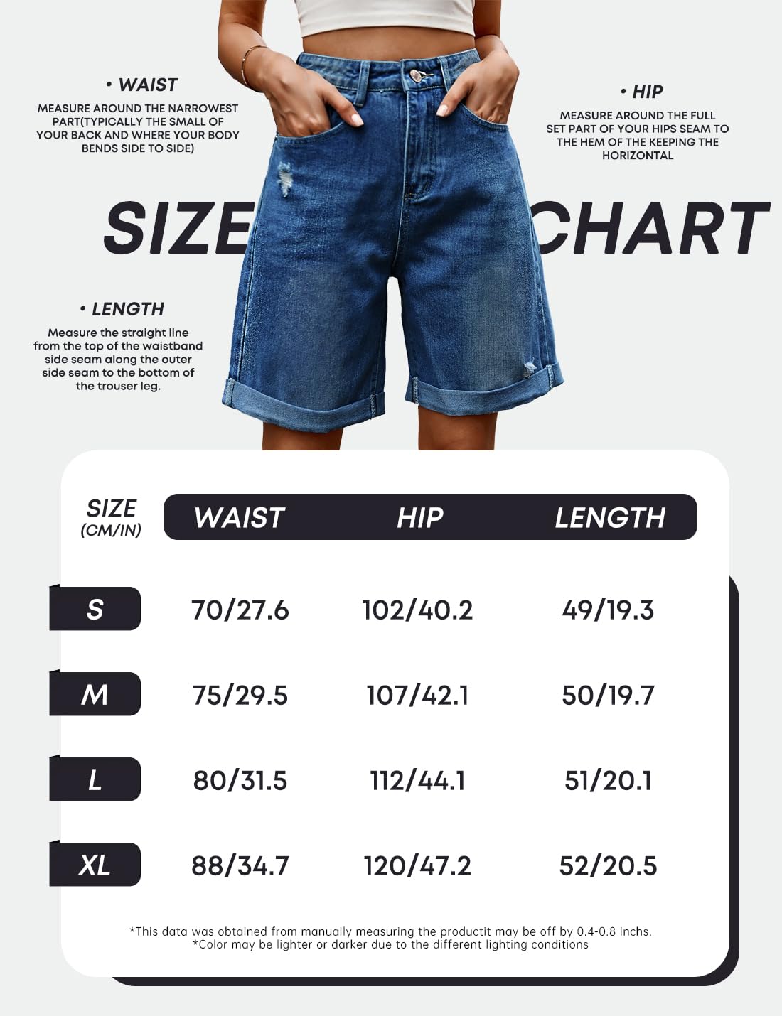 Short en jean décontracté taille haute pour femme - Style baggy déchiré - Coupe droite