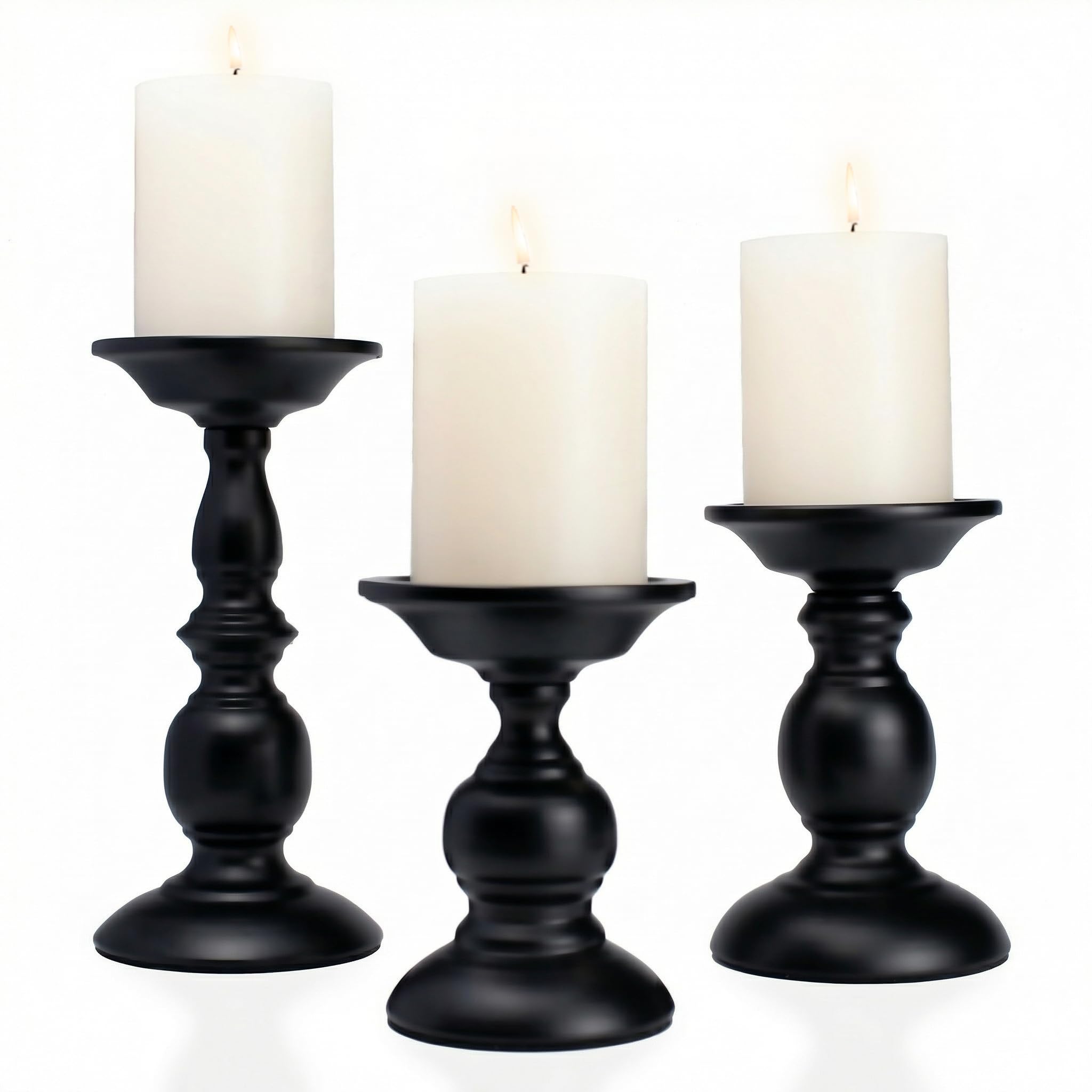 Set di 3 portacandele a pilastro nero opaco, portacandele vintage per centrotavola e camino, decorazione decorativa per sala da pranzo e soggiorno, decorazione per la casa antica