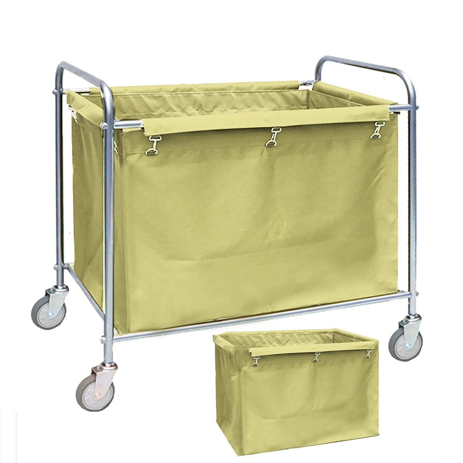 Edelstahl Wäschewagen, Wäschesammler, Wäschekorb mit Vier Geräuschlosen Rädern, Lager 100kg Leicht Zusammenzubauen (Color : Khaki+Cloth Bag)