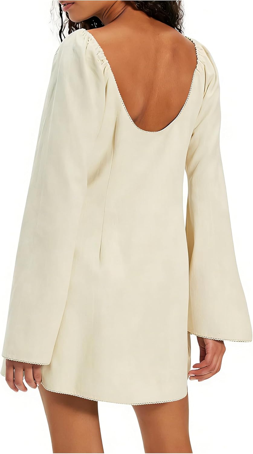 Women's Boho Embroidery Crewneck Mini Dress - Casual Long Sleeve Babydoll Swing Dress Summer Beach Cover Up