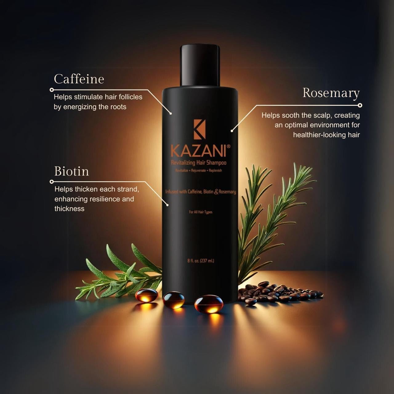 Kazani Revitalizing Hair Shampoo, 8 fl oz, Infused with Caffeine, Biotin & Rosemary