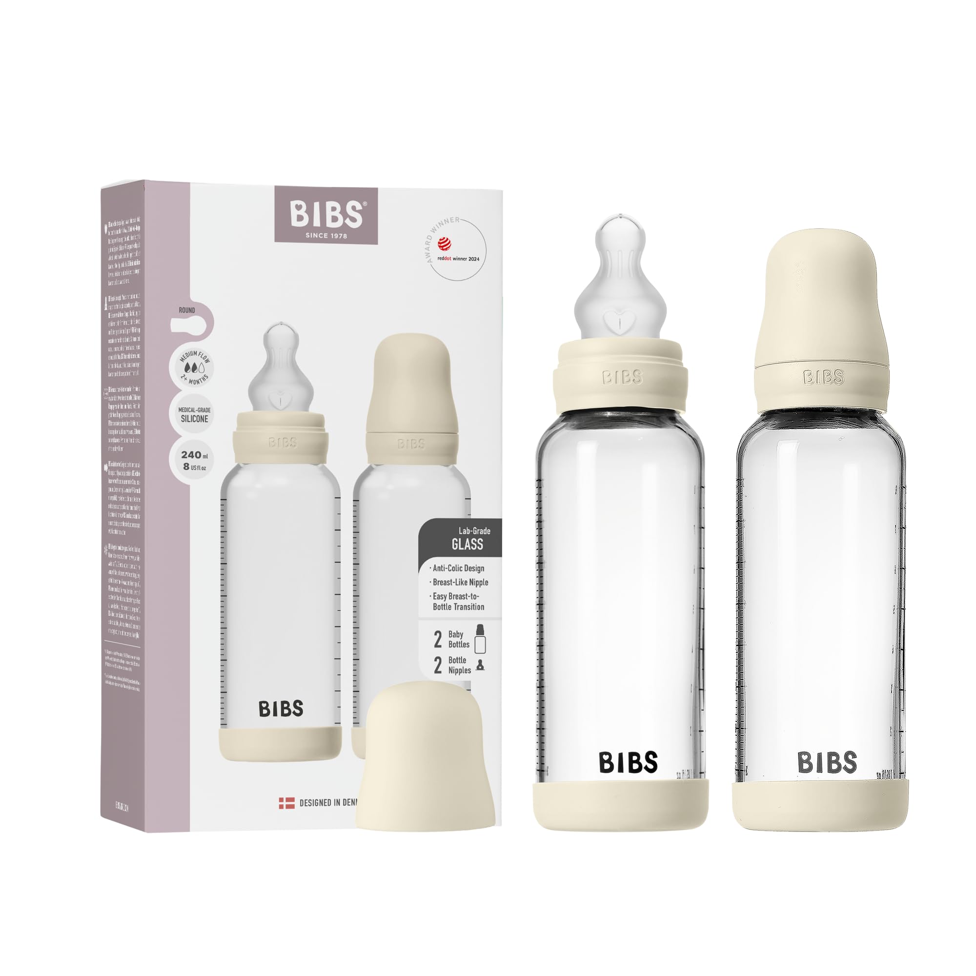 Biberon in vetro BIBS. Anti-coliche. Set di 2.Tettarella rotonda in Silicone. Favorisce l'allattamento naturale al seno, Complete Set - 240 ml (Pack of 2), Ivory