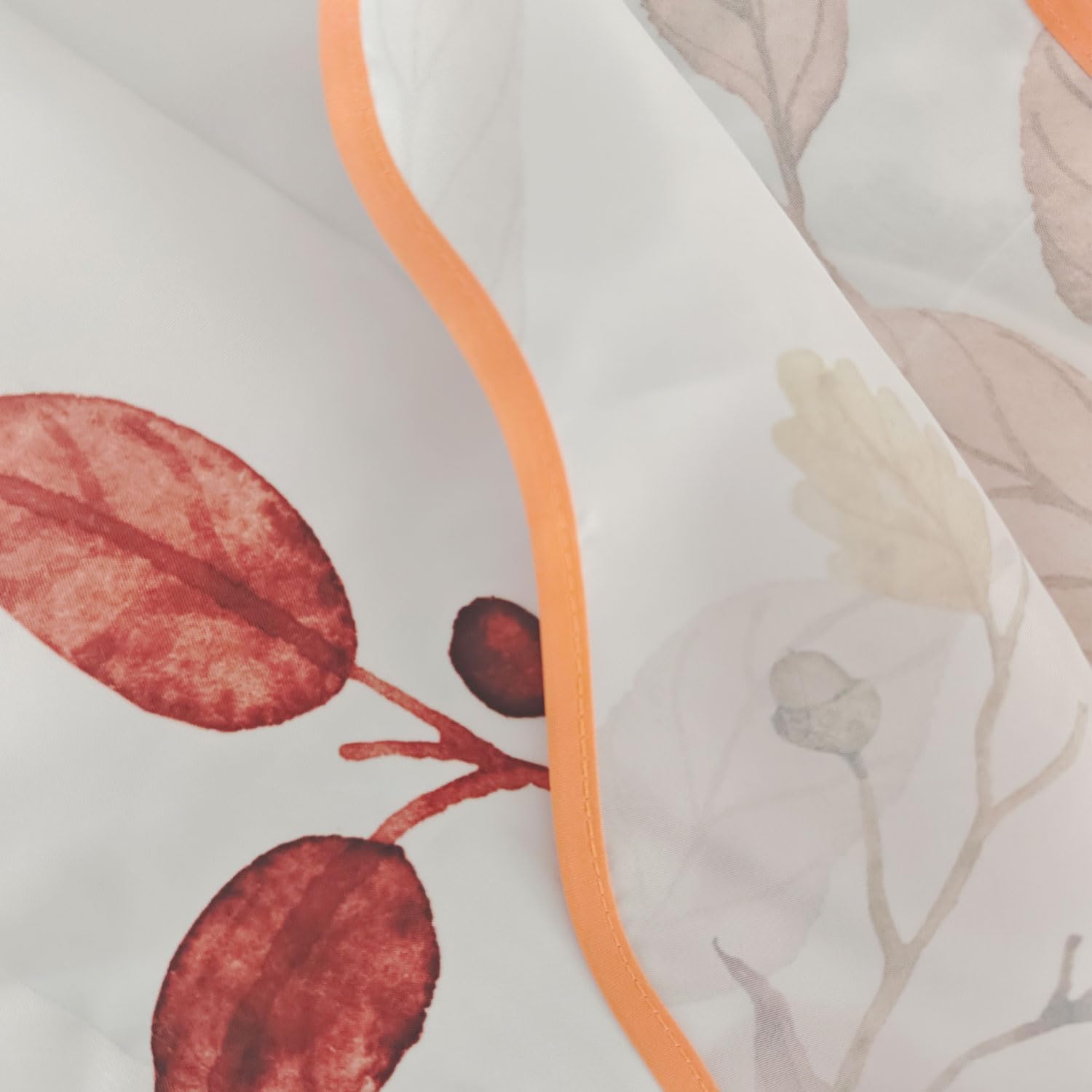 Fall Pumpkin Scalloped Shower Curtain, Watercolor Eucalyptus Leaves Shower Curtain Set with Orange Scalloped Edge, Thanksgiving Harvest Fabric Shower Curtains for Bathroom, 71 x 71 Inch
