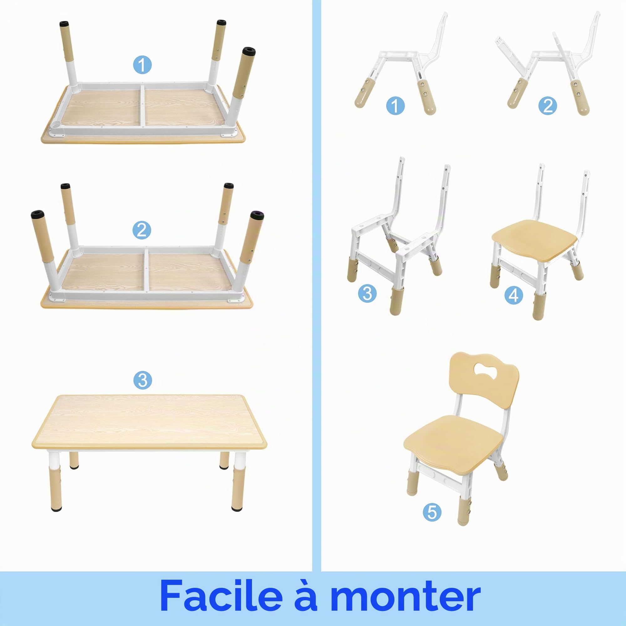 FIVMEN Table pour enfant avec 4 chaises en plastique - Hauteur réglable - Pour garçons et filles à partir de 2 ans - Couleur bois