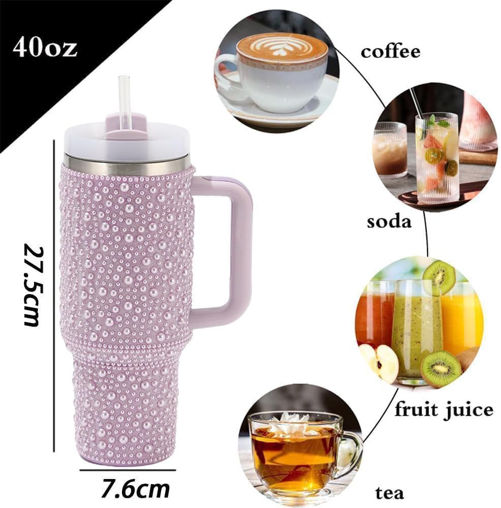 Pearls Bling 40 oz Tumbler with Handle and Straw | Rhinestones 100% Leakproof Stainless Steel Insulated Tumbler with Lid and Straw | Cup Holder Friendly Base -Purple