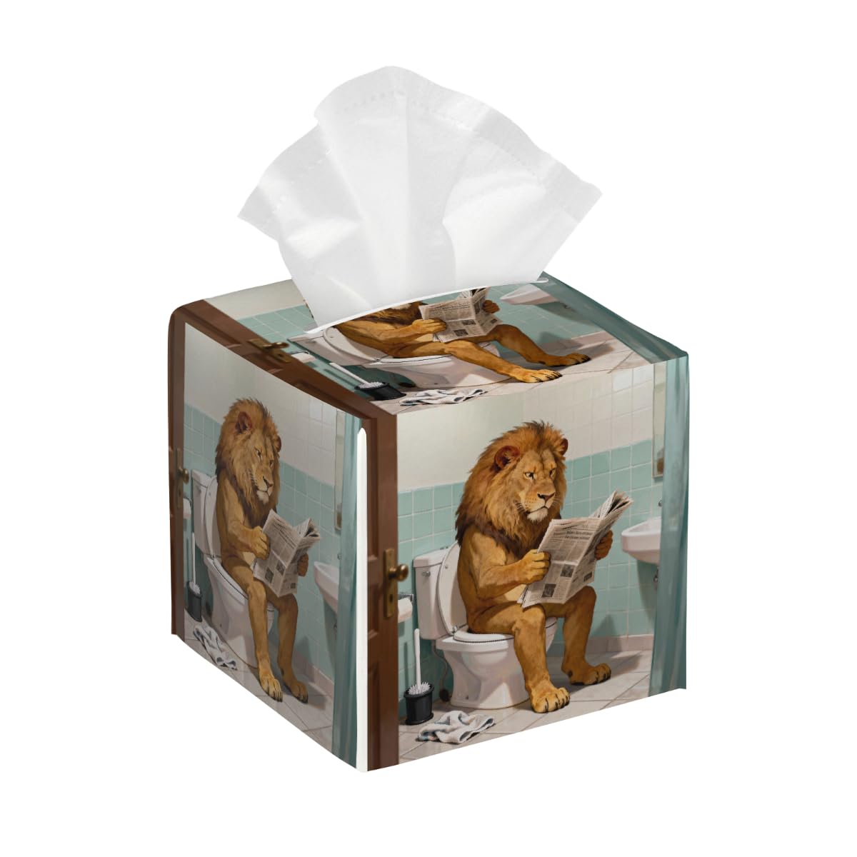 Tissue Box Cover Square Pu Leather Tissue Box Holder Waterproof Paper Organizer Dispenser for Bathroom Kitchen Bedroom Car Office Lion Read Newspaper