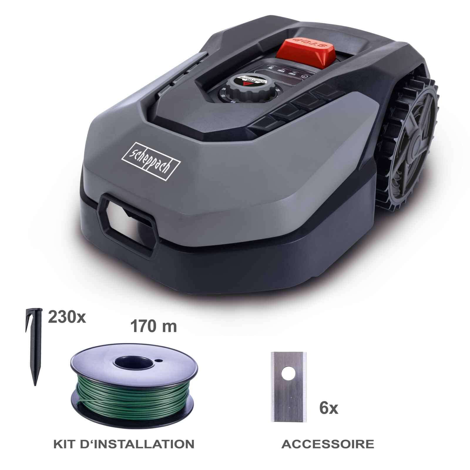 Scheppach RoboCut XXL900 | Largeur de Coupe 18cm | Hauteur Coupe 20-60 mm | Détecteur de Pluie | WiFi & BT | Contrôle par App | Pente de 35% | avec Station, 9 Lames, 170m de câble & 230 Crochets