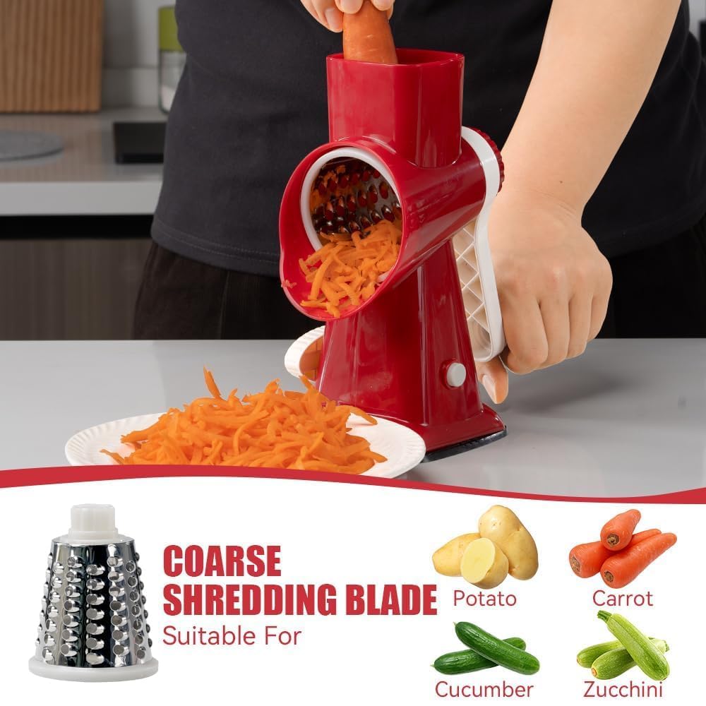 KEOUKE Rallador giratorio de queso con manivela roja – Trituradora de 3 cuchillas de acero inoxidable, succión estable, mango que ahorra trabajo, herramienta de cocina segura para queso, verduras
