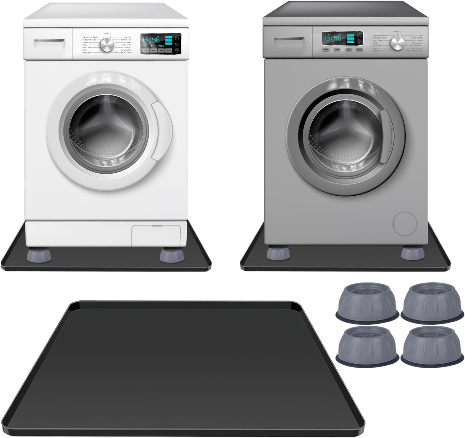 Washing Machine Drain Pan 27"x27" with 4 Anti-Vibration Foot Pads – Washer Tray,Non-Slip, Waterproof, Laundry Appliance Floor protection Set –Noise Reduction Leak Prevention -Soft Silicone Mat