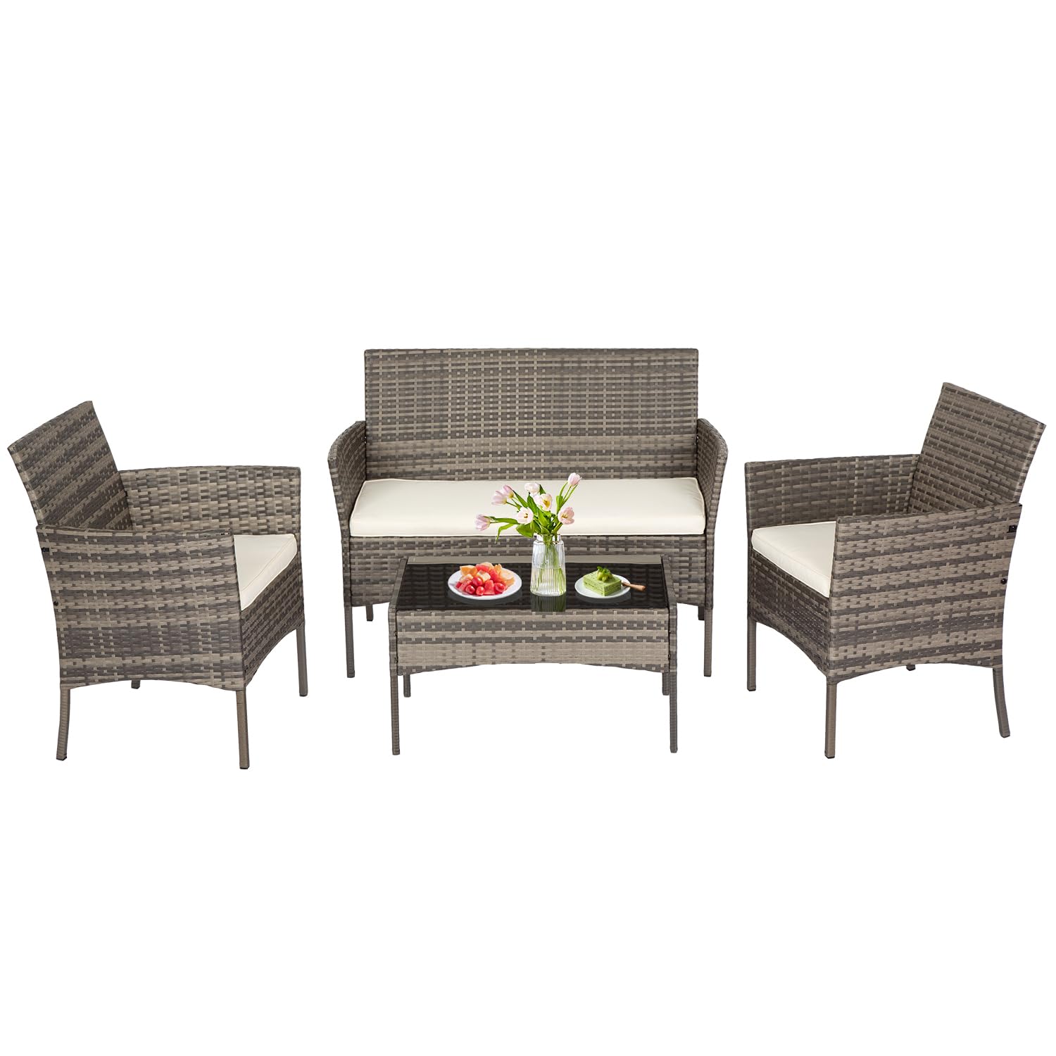 FDW Patio Conversation Set 4 Pieces Patio Furniture Set Wicker with Rattan Chair Loveseats Coffee Table for Outdoor Indoor Garden Backyard Porch Poolside Balcony,Gray Wicker/Khaki Cushions