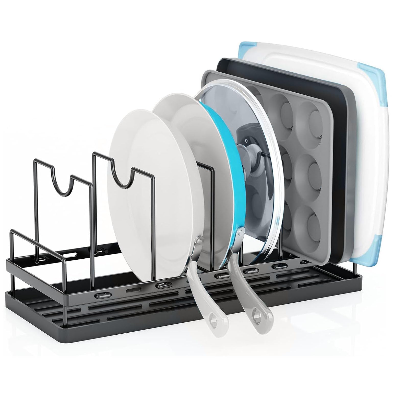 Angju Adjustable Pot Lid Organizer, Pots and Pans Organizer for Cabinet with Silicone Drying Tray, Cutting Board Cookware Bakeware Cookie Sheet Dishes Holder Rack for Kitchen Organizers and Storage