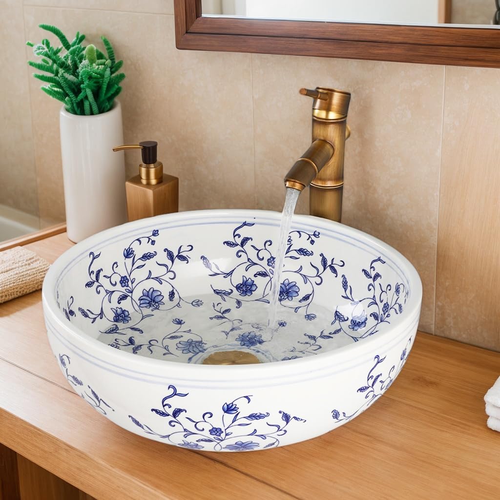 Fregadero de baño de 16 pulgadas, fregadero de cerámica azul y blanco, con grifo y drenaje, fregaderos combinados para tocador de baño sobre mostrador