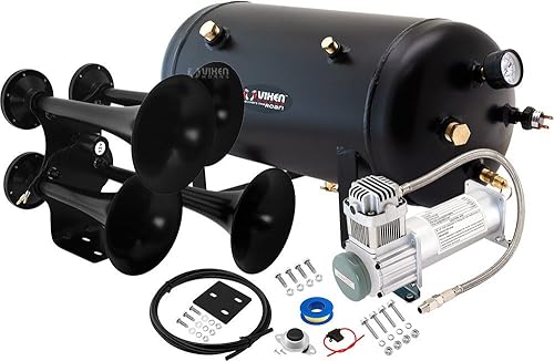 Miniatura 1 de Vixen Horns Kit de bocina de tren para camionescochesemi. Sistema completo a bordo compresor de aire de 200 psi, tanque de 5 galones, 4 trompetas.