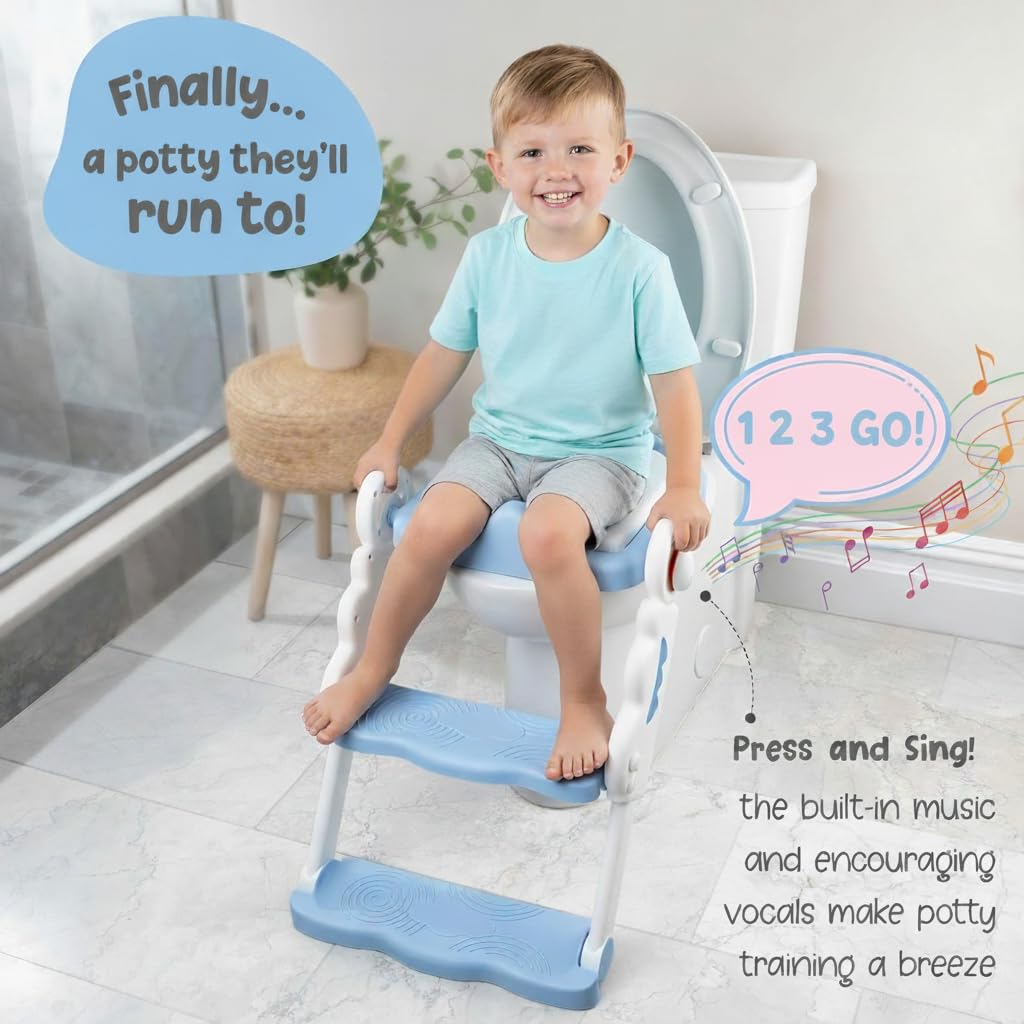 bebeleh Musical & Sound - Vasino per bambini con scaletta, pieghevole e regolabile, sedile WC pre-assemblato con musica e suoni, paraspruzzi e gradini antiscivolo, colore: blu