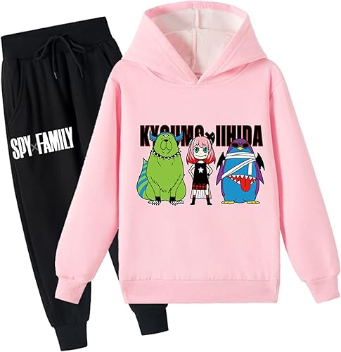 Spy Family Hooded Casual Sweatshirt with Jogging Pants-Anime Long Sleeve Tracksuit Set for Child