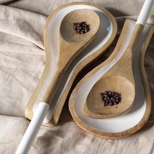 Miniatura 4 de The Art Box Juego de 5 cucharas de madera para cocinar, cuchara de esquina maciza de madera natural, espátula ranurada, utensilios de cocina,